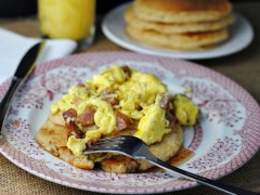 Thumbnail image for English Muffin Pancakes with ham & cheese scramble