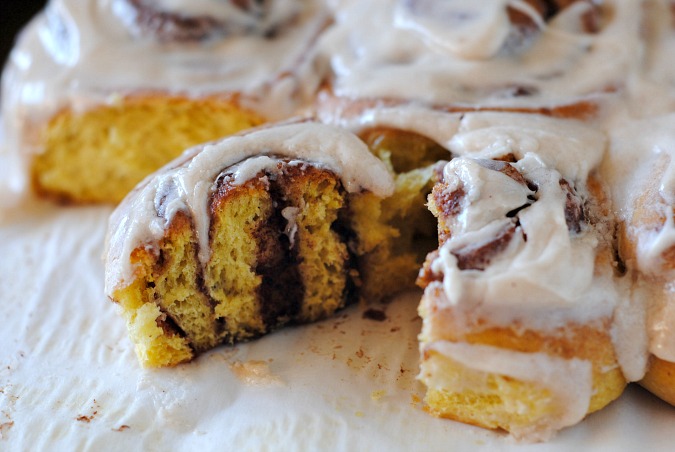 Pumpkin Cinnamon rolls with cream cheese icing| you-made-that.com